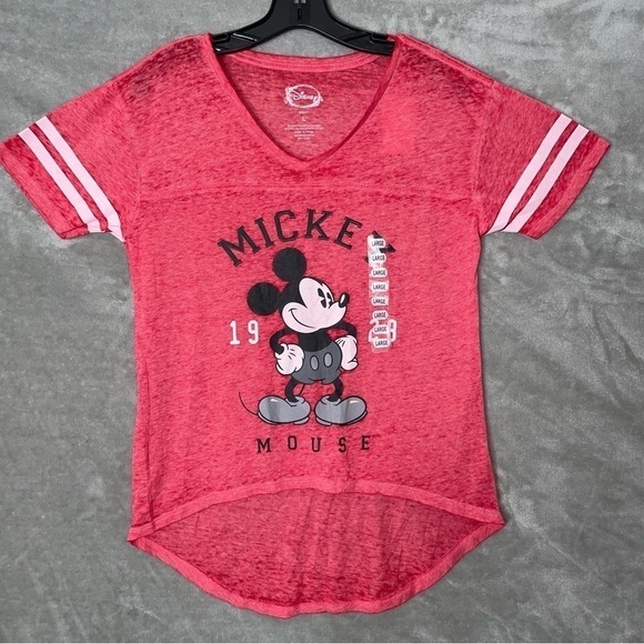 Disney Mickey Mouse Short Sleeve Red Burnout Graphic V Neck Jersey Tee Size Lrg - Picture 1 of 7